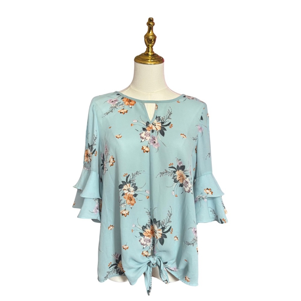 Roz & Ali Floral Ruffle Sleeve Blouse - Light Blue